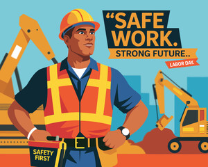 Fototapeta premium 2d vector colorful poster for labor day , work industry equipment , worker , safety . 