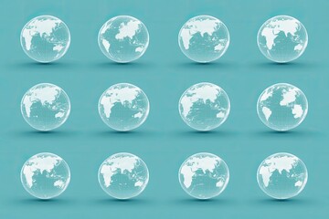 Twelve translucent globes showing world map on teal background