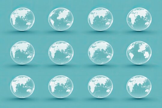 Twelve translucent globes showing world map on teal background