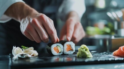 Chef preparing a sushi roll in a kitchen. Featuring sushi preparation and culinary art