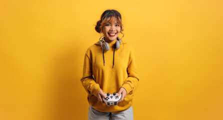 Happy asian female holding a video game joystick