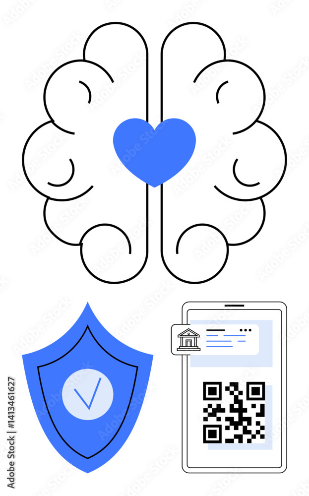 Poster brain with heart for emotional intelligence, shield with checkmark for security, phone with qr code.