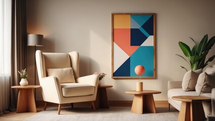 Design of a harmonized living room with a mock-up poster frame, trendy armchair, lamp, coffee table, decorative elements, and personal accessories. Wall. Home decor. Template.