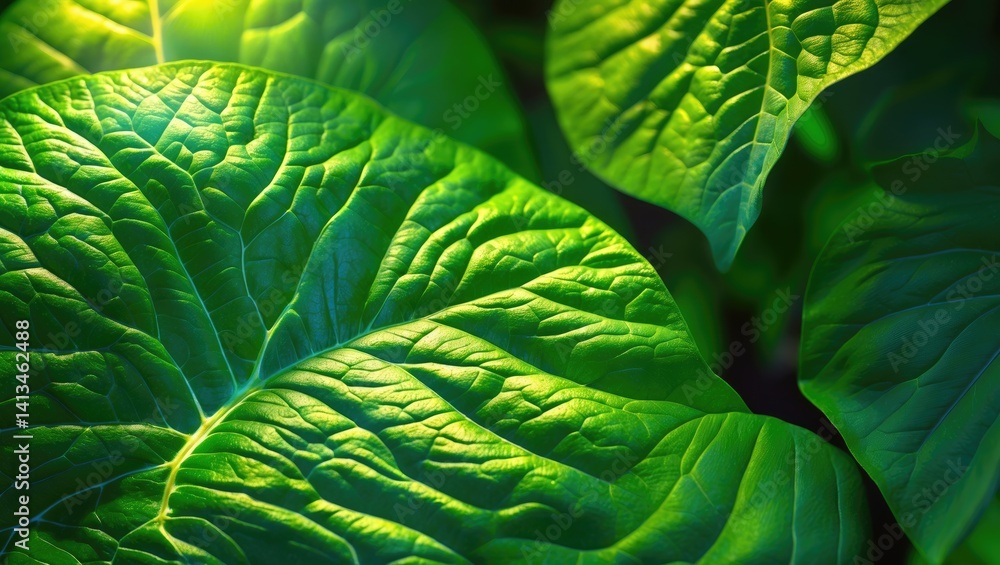 Poster abstract texture of tropical leaves with green hues, nature backdrop. close-up view of tree leaf sce