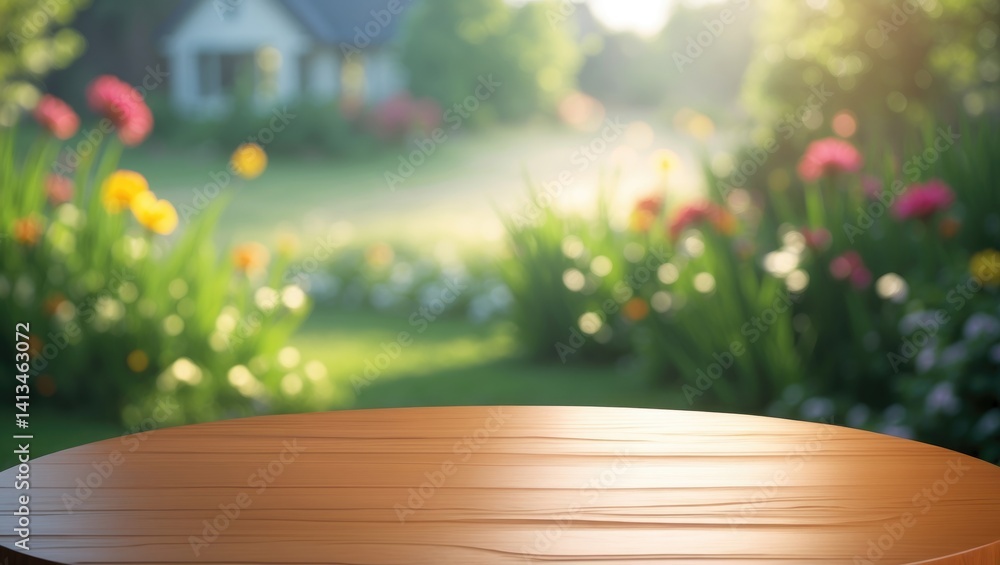 Poster empty wooden tabletop with blurred abstract green from garden and house in morning backdrop for prod