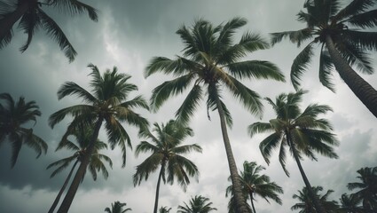 Fototapeta premium Severe storms indicated by strong winds affecting coconut palm trees.