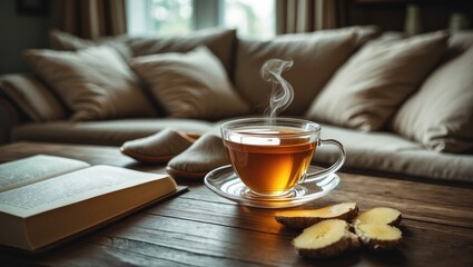 Fototapeta premium Tea on the table and slippers at the couch, creating a cozy home atmosphere