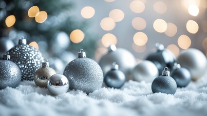 Christmas silver baubles on snow amidst blurred lights. Distinct color patterns