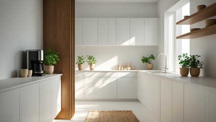 Fototapeta premium Kitchenware organized on a shelf unit next to the wall