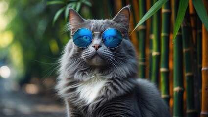 Laid-back gray cat in shades rests on the street, with ears laid back.
