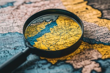 Magnify the map of Ukraine with a black magnifying glass positioned beneath a colorful world map, shown in close-up