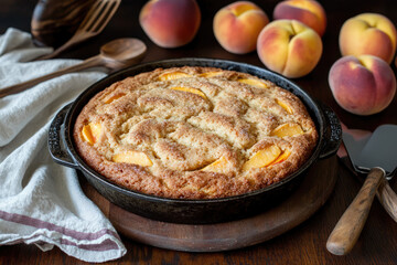 Baked peach cobbler in cast iron skillet, served with fresh peaches