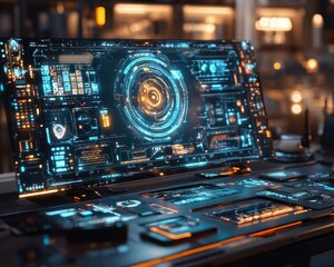Fototapeta premium A futuristic workspace featuring holographic displays for creative collaboration, Holograms, Hightech and innovative