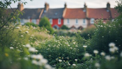 Naklejka premium Detailed focus on a portion of a wild, lush garden. In the distance, terraced house roofs are observable.