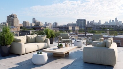 Urban rooftop terrace with modern lounge furniture, potted succulents, and city skyline views. 