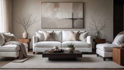 Fototapeta premium A calm, minimalist lounge area showcasing a comfortable white sofa dressed with neutral cushions and a cozy throw. A wooden coffee table, modern wall art, and chic decorations establish the serene