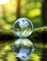 湧き水の近くに配置されたクリスタル地球儀が、透明な水と共に地球の自然美を美しく表現する穏やかな光景

