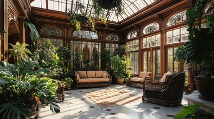 Obraz premium Victorian conservatory with ornate ironwork, lush plants, and a glass ceiling flooding the room with light. 
