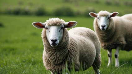 Obraz premium A flock of sheep in green grassland