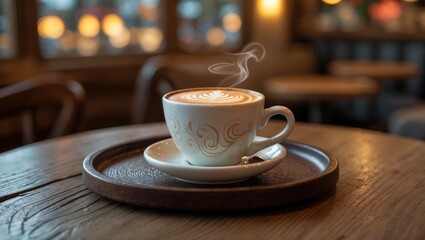 Fototapeta premium Profile view of a steaming latte coffee featuring latte art in a white cup on a wooden surface