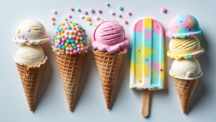 Different types of ice creams displayed on a white backdrop