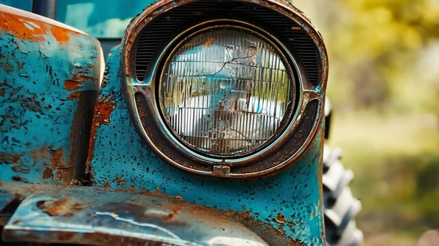 Close-up of a vintage blue car headlight with rust and peeling paint in a natural setting