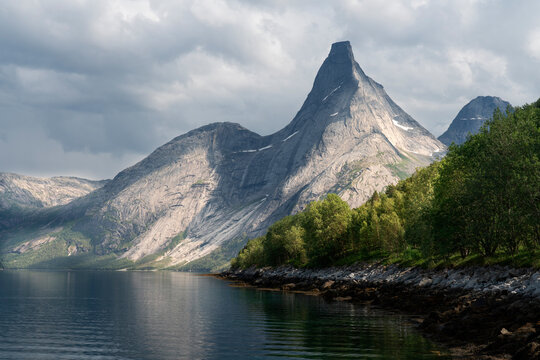 Norway, Narvik. Stetind Mountain and fjord.