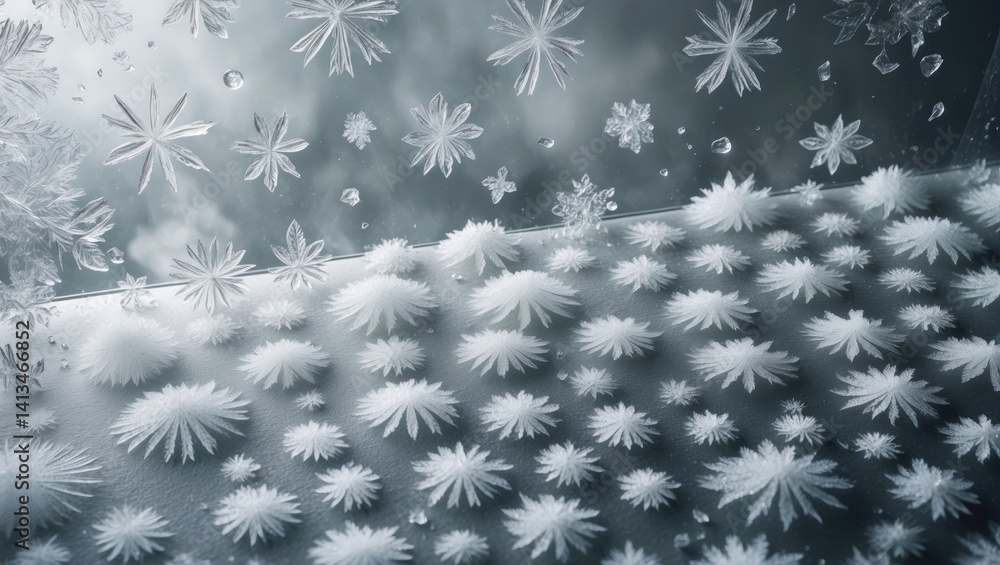Poster detailed view of frost crystals creating complex designs on a windowpane