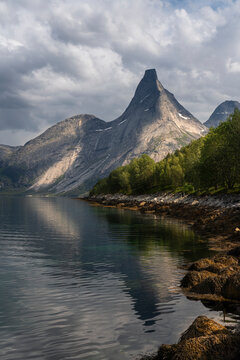 Norway, Narvik. Stetind Mountain and fjord.