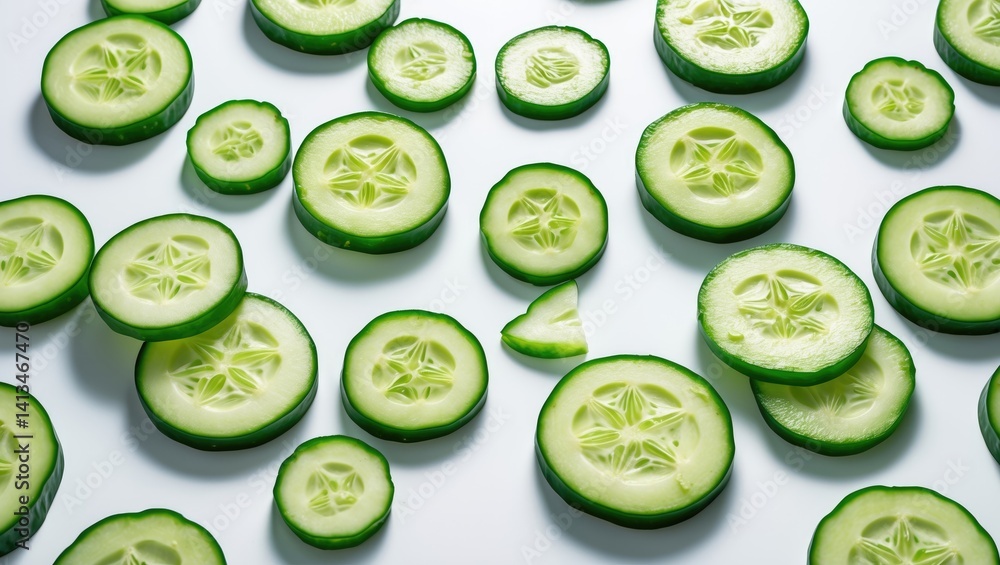 Poster sliced cucumber on a white surface, showcasing a clipping path and complete depth of field.