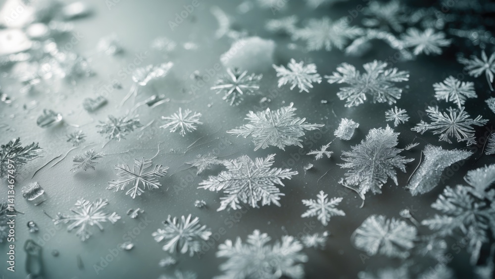Poster zoomed-in perspective of subtle ice crystals developing elaborate frost patterns on surface