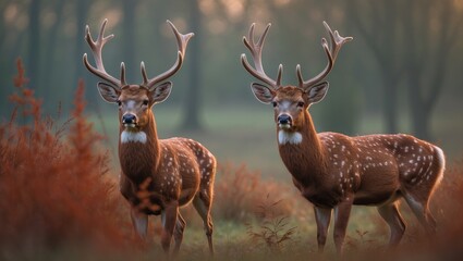 Obraz premium Zoomed-in view of two red deer males during autumn