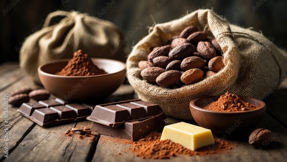 Poster ingredients for making chocolate including cocoa butter and cocoa powder in the bowl, with cocoa bea