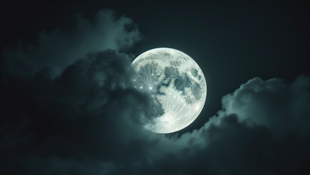 Clouds passing by the full moon set against a dark sky.