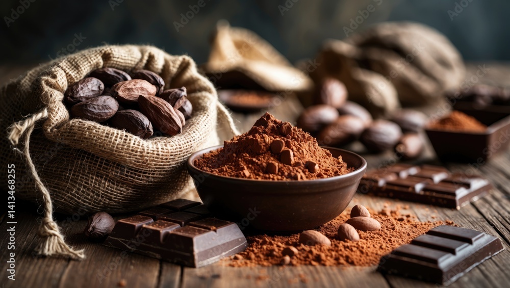 Aufkleber cocoa powder and cocoa butter for chocolate making, featuring cocoa beans in the background