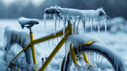 Intimate perspective of a bicycle blanketed with ice and icicles