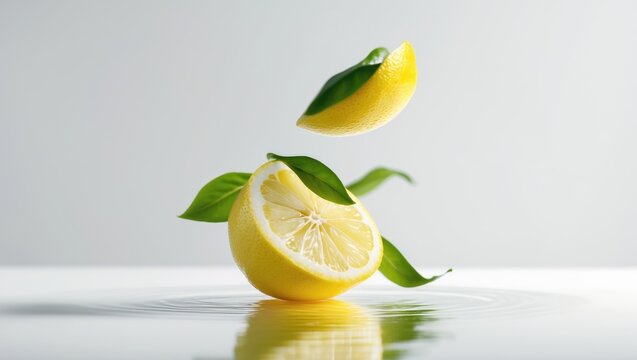 Sliced lemon and green leaf levitating in the air on a white background.
