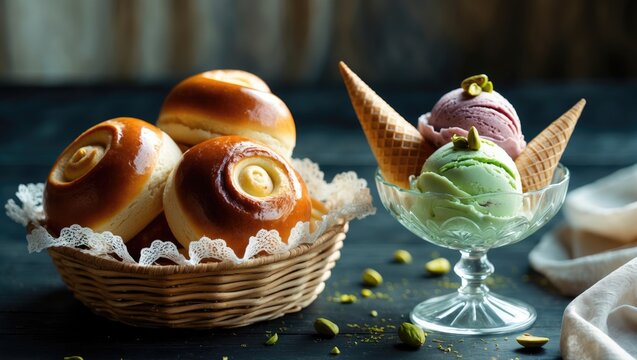 Sicilian morning meal featuring gelato, granita, and brioches. Sunlit table setting