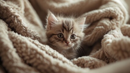 Snuggly baby kitten displays young cat wrapped in blanket closeup.
