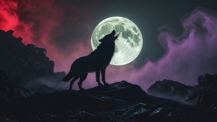 Outline of a howling wolf set against a dim misty backdrop