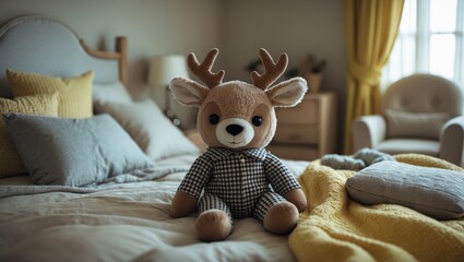 Fototapeta premium Cozy wooden bed with cushions and a toy in the room. Interior decor