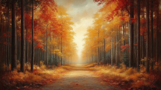 Autumn Forest Pathway Illuminated by Soft Sunlight Fall Colors Nature Landscape Seasonal Bea