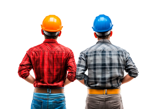 Two construction workers in safety helmets stand together PNG
