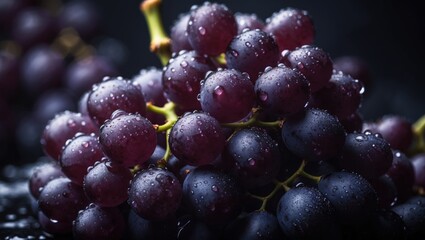Close-up of dark grapes with water droplets. Horizontal macro shot.
