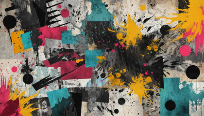 Fototapeta premium Abstract painting with splatters of yellow pink and teal paint and geometric shapes on canvas art