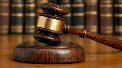 Wooden Gavel in Courtroom Setting, A wooden gavel resting on a sound block in a courtroom setting with law books in the background