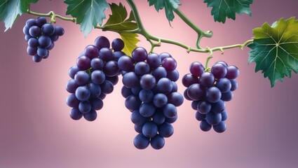 Fototapeta premium Fresh Blue Grapes and Lush Green Leaves Suspended in Midair on a Clear Background