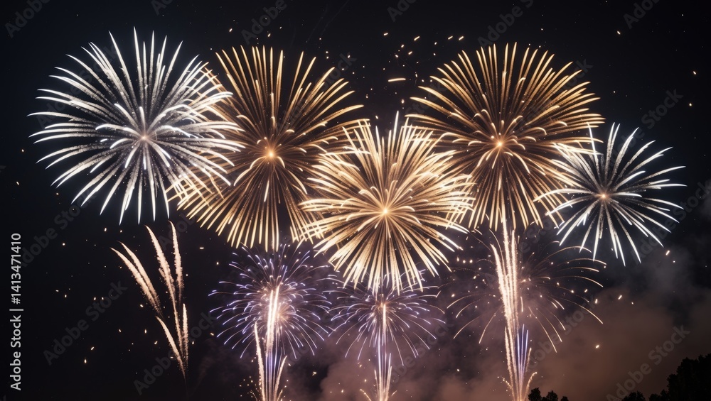 Poster fireworks illuminating the night sky backdrop. abstract colorful firework scene with empty space for