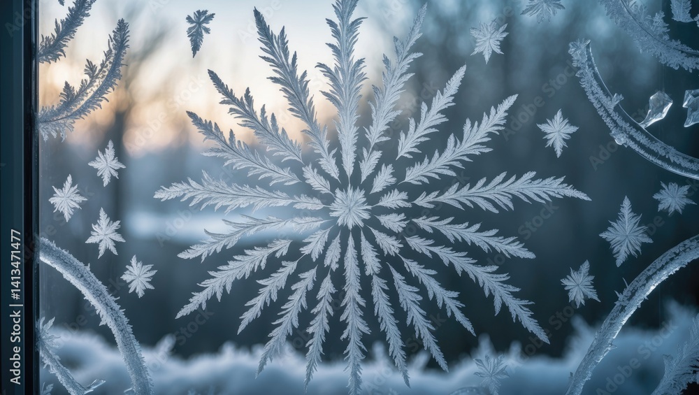 Poster elaborate frost motifs that look like fine feathers and twisting ice patterns on a window, captured 