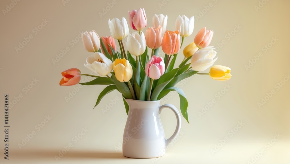 Poster frontal view of colorful tulips displayed in a ceramic jar against a background.